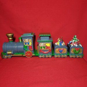 Vintage Christmas Train Teddy Bears Ceramic Red and Green Jar Trinket Box